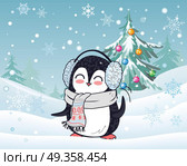 Penguin in Scarf and Headphones Winter Landscape. Penguin animal in scarf and headphones with winter landscape on background. Funny polar winter bird banner poster greeting card. Cartoon character wild penguin in flat design. Vector illustration. Стоковая иллюстрация, агентство Ingram Publishing / Фотобанк Лори