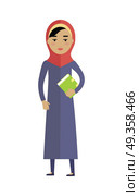 Young Arabian Woman with Book Isolated on White. Young arabian woman with book isolated on white background. Portrait of beautiful girl in red paranja. Attractive muslim woman full length. Part of series of people of the world. Vector illustration. Стоковая иллюстрация, агентство Ingram Publishing / Фотобанк Лори