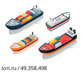 Set of Seagoing Cargo Ships Feeder Vessels. Vector. Set of seagoing cargo ships. Feeder vessels or feeder ships. Container ships carry load in truck-size intermodal containers, in technique called containerization. Platform supply vessel. Vector. Стоковое фото, агентство Ingram Publishing / Фотобанк Лори