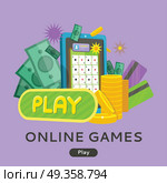 Online Games Web Banner Isolated with Play Button.. Online games web banner isolated on purple with play button. Money, coins, credit cards, gambling devices and stars. Casino jackpot, luck game, chance and gamble, lucky fortune. Vector illustration. Стоковая иллюстрация, агентство Ingram Publishing / Фотобанк Лори