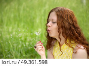 The attractive girl blows on a dandelion on a background of a lawn. Dandelion. Стоковое фото, агентство Ingram Publishing / Фотобанк Лори