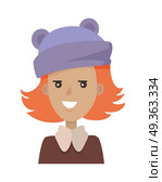 Smiling Young Pretty Red-Haired Girl in Blue Hat. Vector portrait of smiling young pretty woman in blue hat and brown blouse with collar in white background. Red-Haired happy cartoon girl in a funny clothes. Vector illustration. Blue hat with ears. Стоковая иллюстрация, агентство Ingram Publishing / Фотобанк Лори