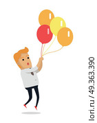 Man Flying on Color Balloons Vector Illustration. Man flying on color balloons. Frightened man flying holding balloons bunch filled with helium flat vector isolated on white background. Preparing for holiday concept. For festive agency ad. Man Flying on Color Balloons Vector Illustration. Стоковая иллюстрация, агентство Ingram Publishing / Фотобанк Лори