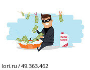 Money Laundering Concept Flat Design Vector. Money laundering concept vector. Flat design. Financial crime, tax evasion, money laundering, political corruption illustration. Man in a business suit, in mask washes the money in bowl with water. Стоковая иллюстрация, агентство Ingram Publishing / Фотобанк Лори