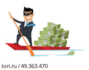 Escape With Money Concept Flat Design Vector. Escape with money concept vector. Flat design. Success. Financial crime, tax evasion, money laundering, political corruption illustration. Smiling man in mask robber sailing away on boat with money. Стоковая иллюстрация, агентство Ingram Publishing / Фотобанк Лори