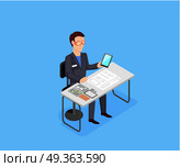 Engineer at Work Concept Vector Illustration.. Engineer at work concept vector in isometric projection. Man character in goggles seating at the table with drawings, electronic circuit, spare parts and prototype tablet. Electronics repair service. Стоковая иллюстрация, агентство Ingram Publishing / Фотобанк Лори