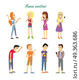 Set of Emotions. Quarrel Indifference Love Parting. Set of human emotions. Quarrel. Indifference. Love. Parting. Phlegmatic, sanguine, choleric, melancholic temperament of teenagers. Man and woman in different emotional states. Vector illustration. Стоковая иллюстрация, агентство Ingram Publishing / Фотобанк Лори