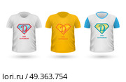 Dad Superhero T-shirt Front View Isolated. Vector. Dad superhero T-shirt front view isolated. White t-shirt. Realistic t-shirt vector in flat. Father s day celebration concept. Casual men wear. Cotton t-shirt unisex polo outfit. Fashionable apparel. Стоковая иллюстрация, агентство Ingram Publishing / Фотобанк Лори