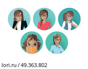 Set of Userpic of a Business Lady. Woman at Work. Set of userpic of a business lady. Woman at work icon symbol. Different female faces in circles. Girls user pics set. Avatar collection. Flat style. Part of series of daily routine of the week. Vector. Стоковая иллюстрация, агентство Ingram Publishing / Фотобанк Лори