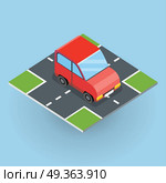 Isometric Red Car. Flat 3d isometric red car on isometric part of road . City transport icon. Motor icon. Isometric part of the city infrastructure. Isometric car icon. Isometric automobile. Machine icon. Стоковая иллюстрация, агентство Ingram Publishing / Фотобанк Лори