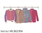 Autumn Sale Vector Concept in Flat Design. Autumn sale vector web banner. Flat design. Mens jacket, coat, sweater, warm shirt hanging on the hangers. Seasonal discounts in clothing store concept. For boutique promotions landing page design. Стоковая иллюстрация, агентство Ingram Publishing / Фотобанк Лори