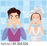 Man and Woman Washing their Faces. Cleaning. Man and woman washing their faces. Cleaning in the morning. Making washing procedure in front of the mirror. People take care about their look. Part of series of ladies and gentlemen face care. Vector. Стоковая иллюстрация, агентство Ingram Publishing / Фотобанк Лори