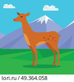 Fawn on Lawn in Mountains. Young Deer. Fawn on the lawn in the mountains. Junior verdant young brown spotted deer. Ruminant mammal. Little inexperienced fawn in its first year. Cartoon illustration. Herbivore creature. Vector illustration. Стоковая иллюстрация, агентство Ingram Publishing / Фотобанк Лори