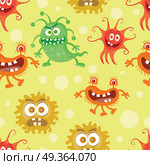 Set of Seamless Pattern with Good and Bad Bacteria. Set of seamless patterns with good and bad bacteria cartoon characters. Funny virus germs in flat style. Microbes endless texture. Dangerous organisms parasites. Wallpaper design. Vector illustration. Стоковая иллюстрация, агентство Ingram Publishing / Фотобанк Лори