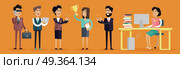 Business People Characters. Set of business people characters in flat style design. Happy woman with winner cup. Business men and women in business suits congratulating winner. Variety human personages in workflow process. Стоковая иллюстрация, агентство Ingram Publishing / Фотобанк Лори