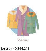 Outerwear Web Banner. Winter Collection for Woman. Outerwear web banner. Winter collection. Stylish fashionable woman coat garment from popular designers. Best world brands trends. New collection of outwear models. For store, boutique ad. Vector. Стоковая иллюстрация, агентство Ingram Publishing / Фотобанк Лори