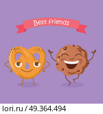 Best Friends Soft Pretzel and Chocolate Biscuit. Best friends soft pretzel and chocolate biscuit. Happy cartoon dancing characters. Fresh tasty snack. Bakery sweet pastry cookies in flat style design. Bakery pretzel twist food. Vector illustration. Стоковая иллюстрация, агентство Ingram Publishing / Фотобанк Лори