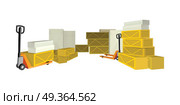 Transportation Oversized and Heavy Goods. Hydraulic trolley jack with heavy boxes with goods. Buying building materials in supermarket with hand pullet truck. Delivering overall goods. Flat design illustration for ad and concepts. Стоковая иллюстрация, агентство Ingram Publishing / Фотобанк Лори
