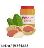 Peanuts with Peanut Butter.. Peanuts with peanut butter. Ripe peanut with leaves in flat. Peanut butter in plastic bank. Several brown peanut kernels. Healthy vegetarian food. Isolated vector illustration on white background. Стоковая иллюстрация, агентство Ingram Publishing / Фотобанк Лори