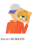 Boy character in sweatshirt and cap with cat mask in hand vector. Flat design. Masquerade animal clothing and party costume. Psychological portrait and hidden personality. Isolated on white background. Man with Cat Mask Flat Design Vector Illustration. Man with Cat Mask Flat Design Vector Illustration. Стоковая иллюстрация, агентство Ingram Publishing / Фотобанк Лори