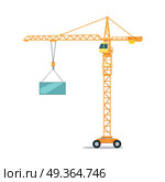 Industrial Yellow Crane Lifting Heavy Glass Elemet. Industrial yellow crane operating and lifting generator. Modern truck crane with an upper cabin and on wheels elevating heavy glass element. White background. Flat design. Vector illustration. Стоковая иллюстрация, агентство Ingram Publishing / Фотобанк Лори