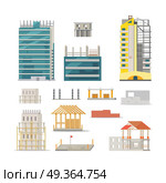 Building. Stages of Modern Building Construction. Building. Set of icons of different processes. Stages of modern building constructions. Unfinished houses. Wall construction. Wooden houses. Making basement. Flat design. Vector illustration. Стоковая иллюстрация, агентство Ingram Publishing / Фотобанк Лори