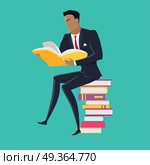 Reading Books Concept Vector in Flat Design.. Getting on top of knowledge vector concept. Flat design. Man character in business suit seating on pile of books. Self-education, self development and literature reading concept. On blue background. . Стоковая иллюстрация, агентство Ingram Publishing / Фотобанк Лори