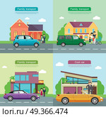 Family Transport. Collection of Automobile Icons. Family transport. Collection of four automobile icons. Small blue automobile, green minivan and violet car with shifted roof on road near houses and families. Cool yellow cabriolet near man. Vector. Стоковая иллюстрация, агентство Ingram Publishing / Фотобанк Лори