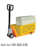 Hydraulic trolley jack with heavy boxes with goods. Buying building materials in supermarket with hand pullet truck. Delivering overall goods. Flat design illustration for ad and concepts. Transportation Oversized and Heavy Goods. Transportation Oversized and Heavy Goods. Стоковая иллюстрация, агентство Ingram Publishing / Фотобанк Лори