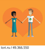 Smiling man and woman with branch and leaves emblem on clothes, standing and holding hands. Ecologist, environmentalist, nature protection activist or volunteer illustration. Flat design. Earth day.. Earth Day Celebrating Concept Vector Illustration.. Earth Day Celebrating Concept Vector Illustration. Стоковая иллюстрация, агентство Ingram Publishing / Фотобанк Лори