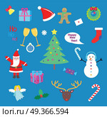 Set of Happy New Year and Merry Christmas elements.. Set of Happy New Year and Merry Christmas elments. Xmas tree, snowman, present, Santa Claus, deer, candy stick, speech bubble, gift, angel. Cartoon style. Comic illustration in 80s 90s style. Vector. Стоковая иллюстрация, агентство Ingram Publishing / Фотобанк Лори