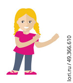 Girl Vector Illustration in Flat Design. Smiling blonde girl with raised hands for holding some thing flat vector illustration isolated on white background. Cute child. For advertising, people infographics, childhood concepts design. Girl Vector Illustration in Flat Design. Стоковая иллюстрация, агентство Ingram Publishing / Фотобанк Лори