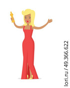 Actress Superstar. Talented Woman Gets Oscar Award. Actress superstar. Talented woman gets oscar award isolated on white. Famous female young girl in luxury red dress. Flat vector icon. Unique talent show picture graphic art. Vector illustration. Стоковая иллюстрация, агентство Ingram Publishing / Фотобанк Лори