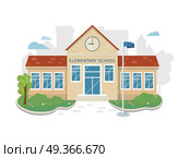 Best School Building Vector in Flat Style Design. Best school building vector illustration. Flat design. Public educational institution. Modern projects of educational establishments. School facade and yard. Front view. College organization. Стоковая иллюстрация, агентство Ingram Publishing / Фотобанк Лори