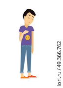 Young Man in Depression Flat Vector Illustration. Young man in depression. Dispirited man character with sad smile on t-shirt flat vector illustration isolated on white background. Psychological problems. Human fillings and emotions concept. Young Man in Depression Flat Vector Illustration. Стоковая иллюстрация, агентство Ingram Publishing / Фотобанк Лори