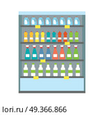Showcase Refrigerator Drinks. Blue showcase refrigerator for cooling drinks in bottles. Different colored bottles in blue drinks fridge. Fridge dispenser cooling machine. Isolated object in flat design on white background. Стоковая иллюстрация, агентство Ingram Publishing / Фотобанк Лори
