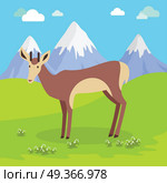 Young fallow deer male with horns on mountain meadow with snowy mountains behind. Flat style vector. North nature beauty. For travel, nature concept, children s book illustrating, printing material. Young Deer Vector Illustration in Flat Design. Young Deer Vector Illustration in Flat Design. Стоковая иллюстрация, агентство Ingram Publishing / Фотобанк Лори