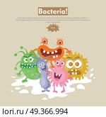 Bacteria Flat Cartoon Vector Web Banner. Bacteria web banner. Group of funny colorful microbes cartoon characters vector illustrations. Smiling and scary virus, pathogen cell, germ, parasite. For medical, hygienic, science web page design. Стоковая иллюстрация, агентство Ingram Publishing / Фотобанк Лори