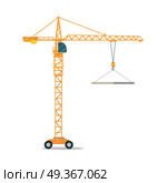 Industrial Yellow Crane Lifting Heavy Glass Elemet. Industrial yellow crane operating and lifting generator. Modern truck crane with an upper cabin and on wheels elevating heavy glass element. White background. Flat design. Vector illustration. Стоковая иллюстрация, агентство Ingram Publishing / Фотобанк Лори