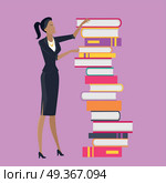 Top of Knowledge Concept Vector in Flat Design.. Getting on top of knowledge vector concept. Flat design. Woman character in business clothes standing near huge pile of books. Self-education and literature reading concept. On violet background. Стоковая иллюстрация, агентство Ingram Publishing / Фотобанк Лори