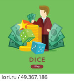 Casino Gambling Website Template. Casino gambling website template. Chips stacks, croupier, craps dice and money on green background. Banner for online casino. Vector illustration. Casino background. Стоковая иллюстрация, агентство Ingram Publishing / Фотобанк Лори