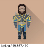 Game Object of Knight. Game object of knight in steel medieval armor with crown. Character stand in front. Stylized fantasy characters. Game object in flat design on game background. Vector illustration. Стоковая иллюстрация, агентство Ingram Publishing / Фотобанк Лори