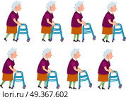 Old Woman with Rolling Walker Simple Cartoon Style. Collection of icons with old woman. Retired female with rolling walker. Pictures with different movements. Violet vest, light skirt. Cartoon style. Elderly man in motion. For cartoon animation. Vector. Стоковая иллюстрация, агентство Ingram Publishing / Фотобанк Лори