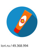 Sunscreen Cream Bottle. Sun cream tube in flat. Solar defence. Sun cosmetic. Orange plastic tube for sun block. Sunscreen cream bottle. Product for body and skin care, beauty, health, freshness, youth, hygiene. Стоковая иллюстрация, агентство Ingram Publishing / Фотобанк Лори