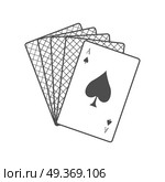 Playing Cards Vector Illustration In Flat Design.. Playing Cards vector in monochrome, black color. Spread out cards with ace on top. Illustration for gambling industry, sport lottery services, icons, web pages, logo design. Isolated on white. Стоковая иллюстрация, агентство Ingram Publishing / Фотобанк Лори