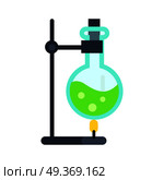 Chemical laboratory tools vector. Flat style. Lab flask with green liquid on fire. Chemical experiment and substance reactions. Illustration for scientific and educational concepts. Isolated on white. Lab Flask on Fire Illustration in Flat Style. Lab Flask on Fire Illustration in Flat Style. Стоковая иллюстрация, агентство Ingram Publishing / Фотобанк Лори