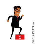 Businessman going up on the winners podium. Businessman in expensive suit and tie wins the first place. Leadership concept. Achieving best results. Smiling male. Vector illustration in flat style. Businessman Going up on the Winners Podium. Стоковая иллюстрация, агентство Ingram Publishing / Фотобанк Лори