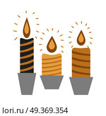 Three burning candles isolated in deep silver racks on white in flat design. Vector illustration of black and yellow Christmas wax decorations with flame and colourful stripes in cartoon style.. Three Burning Candles in Racks Isolated on White. Стоковая иллюстрация, агентство Ingram Publishing / Фотобанк Лори