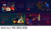 Fireworks safety. Web banner of wrong acting with pyrotechnics and danger during buying counterfeit. Vector set of children using rocket incorrectly, man picking up blazing harmful firecracker. Fireworks Safety. Poster of Wrong Act and Danger. Стоковая иллюстрация, агентство Ingram Publishing / Фотобанк Лори