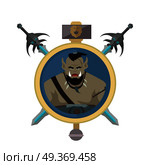 Coat of arms shield with swords and hummer vector. Flat style. Cold weapon and armor with orc portrait. Illustration for games industry concepts, icons and pictograms. Isolated on white background.. Coat of Arms Shield with Swords Illustration.  . Стоковая иллюстрация, агентство Ingram Publishing / Фотобанк Лори